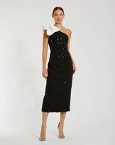 Black Crepe One Shoulder Beaded Midi Dress With Bow